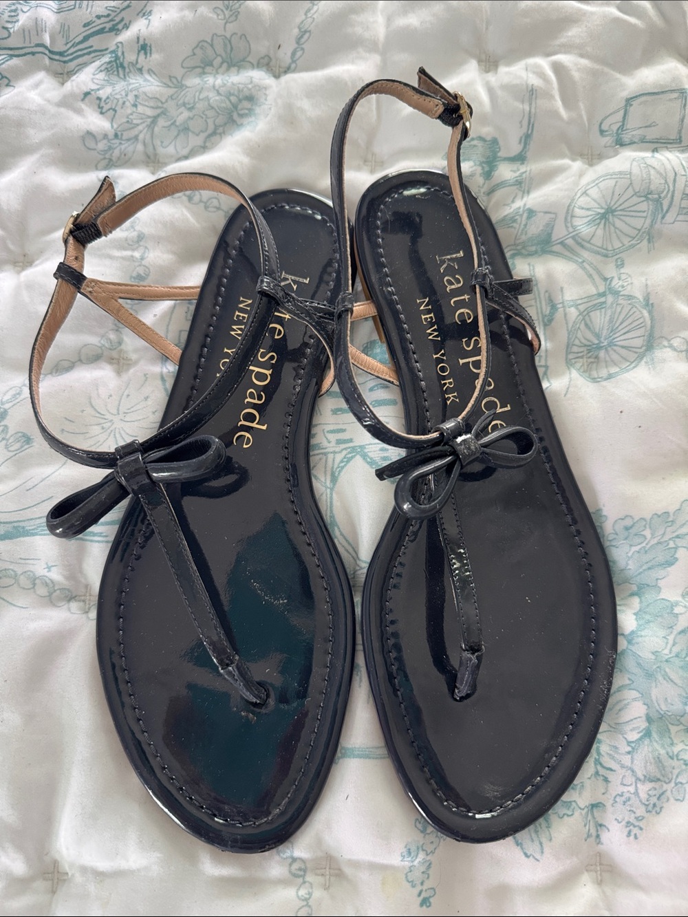 kate spade Navy Patent Leather Bow T-Strap Sandals with Tan Ankle Straps